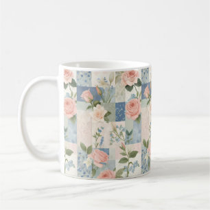 Mug Soft Feminine Florale Rose Et Patchwork Bleu