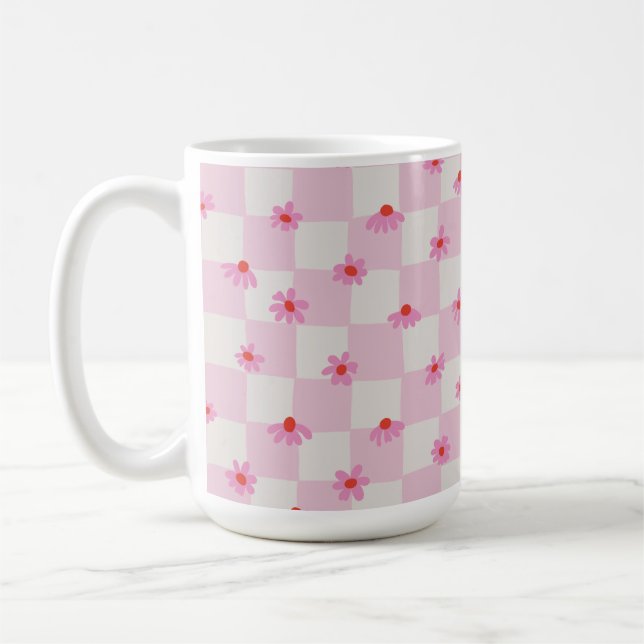 Mug Soft Pink Daisy Checkerboard Floral Pattern (Gauche)