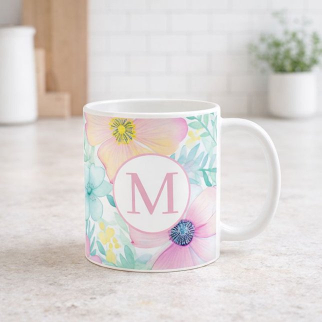 Mug Soft Spring Floral Watercolor Monogram (Créateur téléchargé)