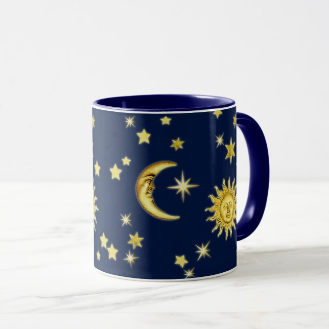 Mug Soleil, Lune et Étoiles sur Bleu foncé (Devant droit)