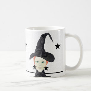 Mug Sorcière à cheveux rouges, yeux verts, étoiles noi