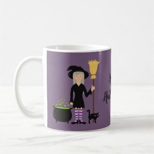 Mug Sorcière avec un chat sur texte violet et Joyeux H