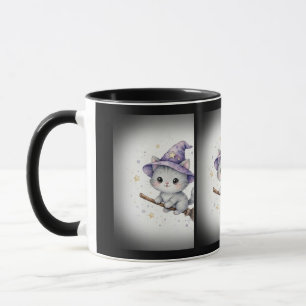 Mug Sorcière Chaton Gris sur Balai Halloween