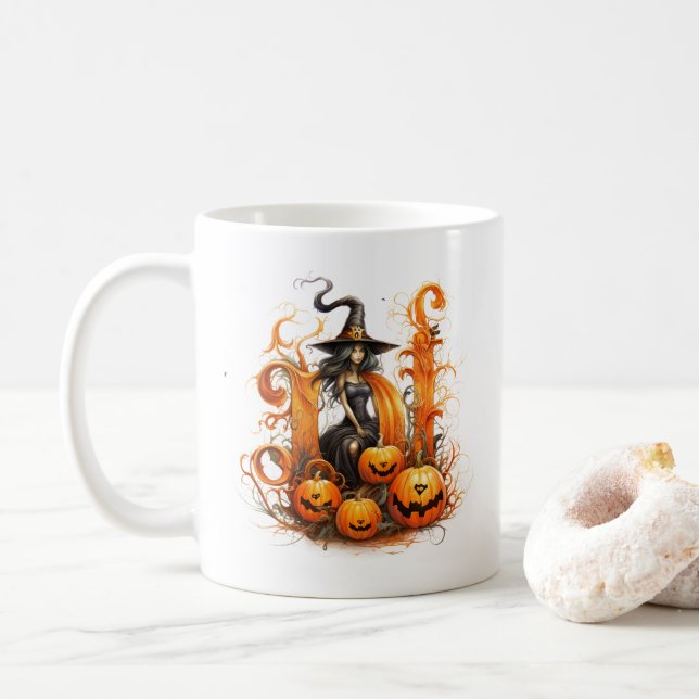 Mug Sorcière D dans un citrouille : Coupe d'Halloween  (Avec donut)