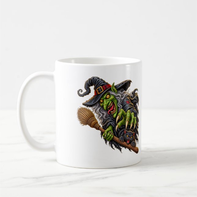 Mug SORCIÈRE EFFRAYANTE avec BALAI et CHAT NOIR (Gauche)