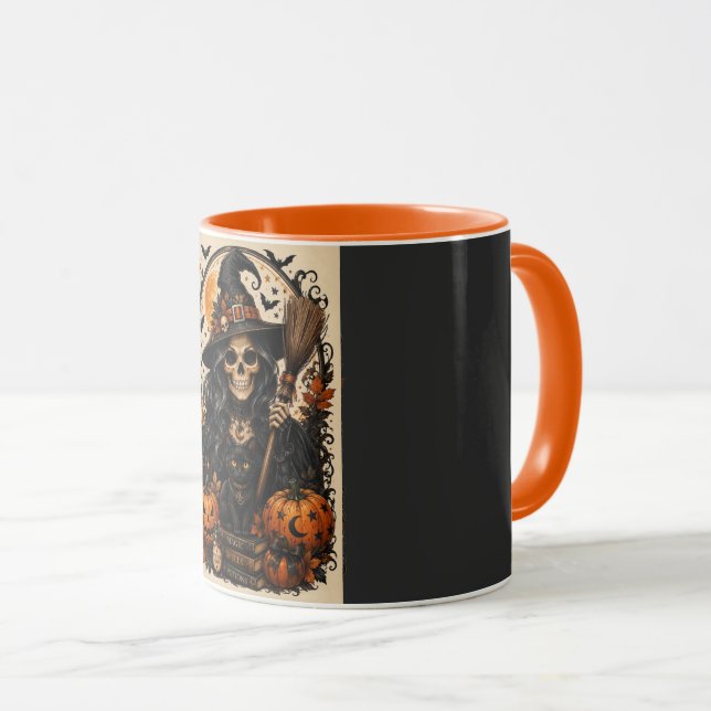 Mug Sorcière effrayante, chat noir et citrouilles, mag (Devant droit)