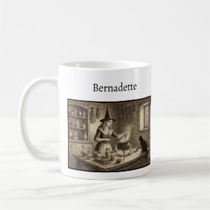 Mug Sorcière et chat noir faisant une potion Nom perso