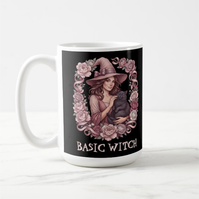 Mug Sorcière Fleurie Rose et Chat Noir Coquette (Gauche)