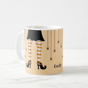 Mug Sorcière orange jambes et araignées avec nom Hallo
