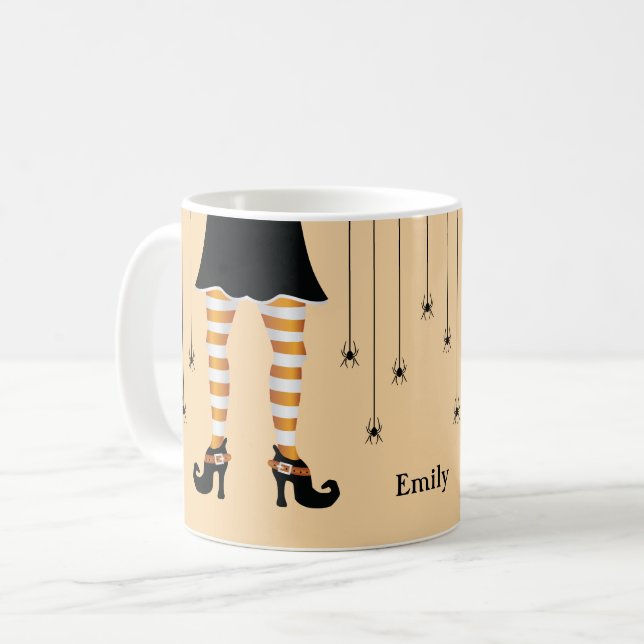 Mug Sorcière orange jambes et araignées avec nom Hallo (Devant gauche)