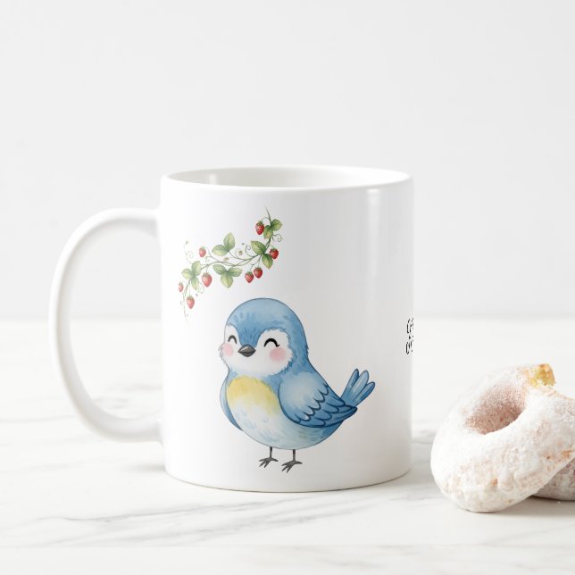 Mug Sourire mignon Petit Oiseau bleu avec fraise (Avec donut)
