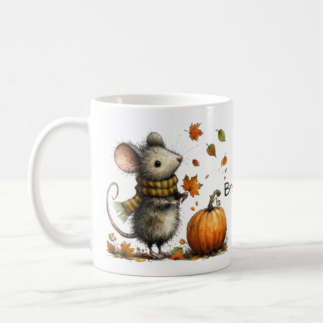 Mug Souris mignonne avec Citrouille et Feuille automne (Gauche)