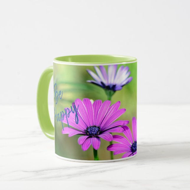 Mug Soyez heureux avec des fleurs et des noms (Devant gauche)