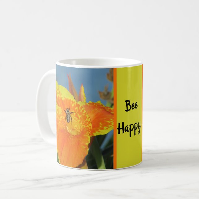 Mug Soyez heureux Joyeux Lily Photo Bee Pun Orange Fle (Devant gauche)
