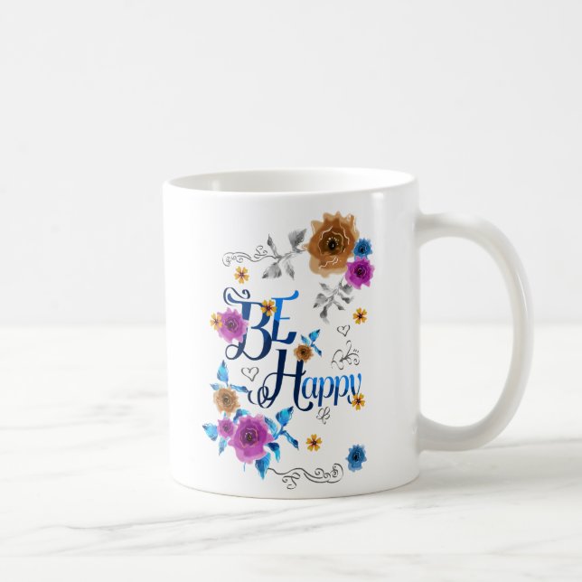 Mug Soyez heureux Quote Positive Bleu Purple Or Fleurs (Droite)