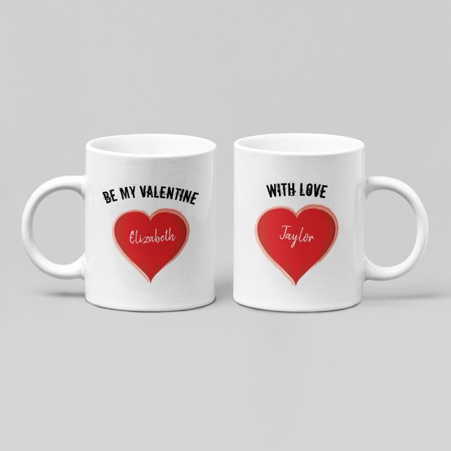 Mug Soyez mon Valentin Nom Personnalisé Cœur (Personalized Valentine mug with red heart and custom names romantic couple gift design.)