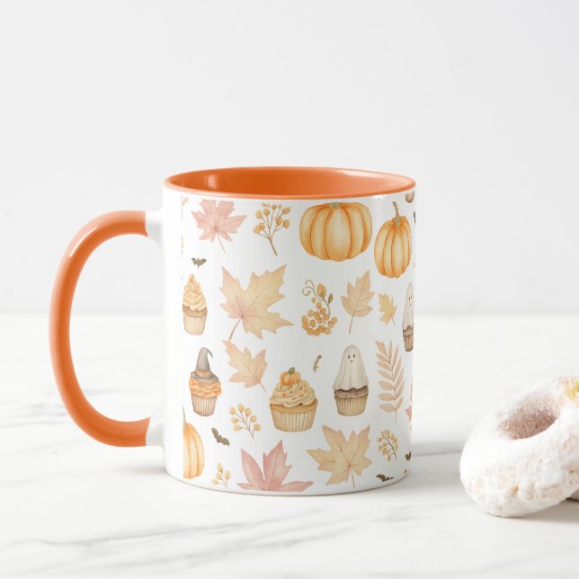 Mug Soyons Éffrayants avec Citrouilles, Feuilles et Cu (Avec donut)