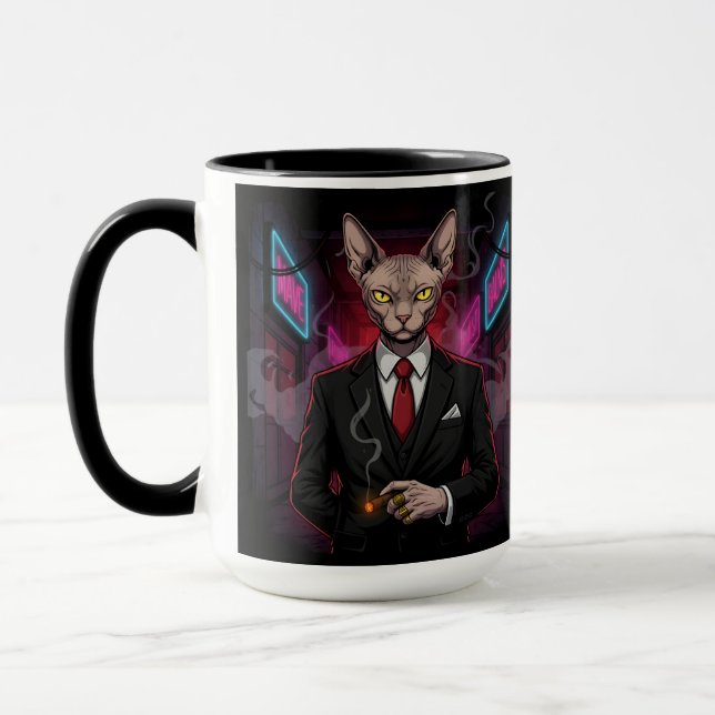 Mug Sphynx Mafia Cat in Neon Noir Style (Gauche)