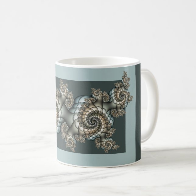 Mug Spirales d'art fractal beige abstrait bleu clair (Devant droit)