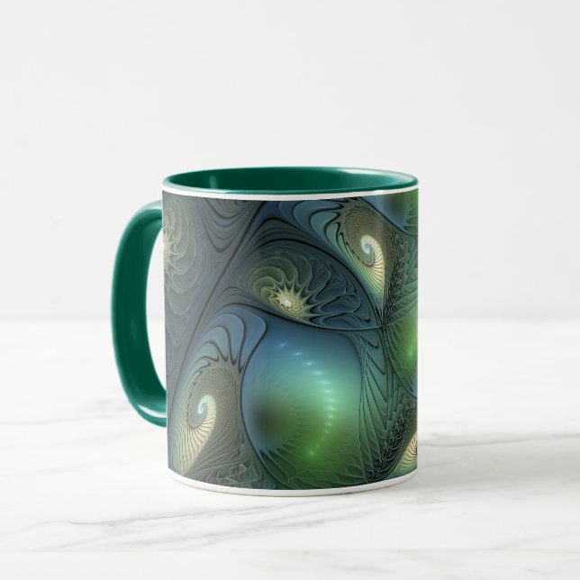 Mug Spirales Turquoise Beige Vert Abstrait Fractal Art (Devant gauche)