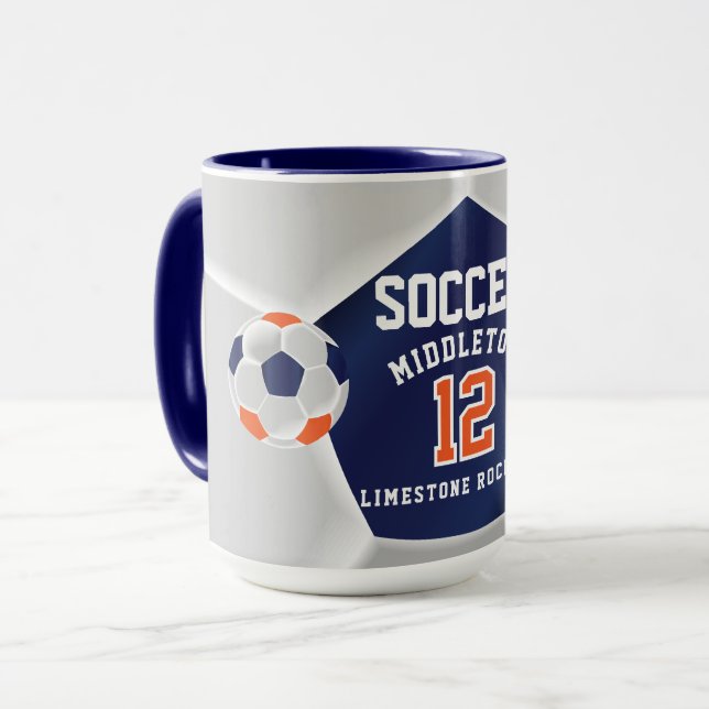Mug Sport de football ⚽ orange, bleu et blanc (Devant gauche)