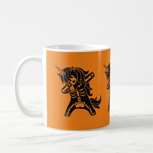 Mug Squelette de licorne dabant Halloween orange noir  (Gauche)
