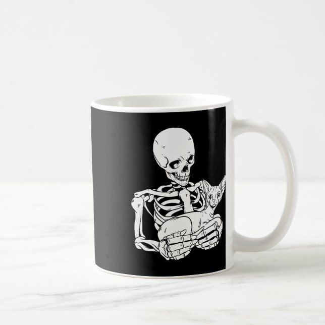 Mug Squelette tenant Chat Drôle Halloween Sphynx crâne (Droite)