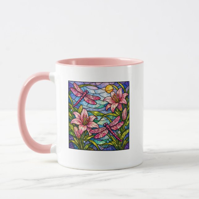 Mug Stain Glass Lilies and Dragon Flies Pink (Gauche)