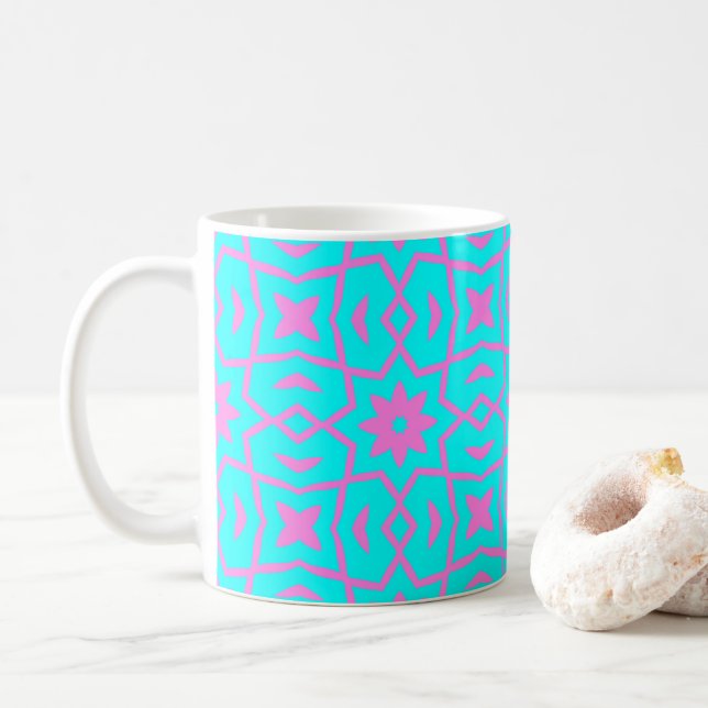 Mug Star Flower Motif en rose et turquoise (Avec donut)