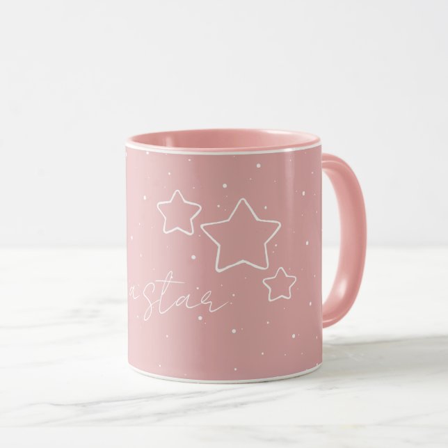 Mug Star Trio en rose et blanc avec message et nom (Devant droit)