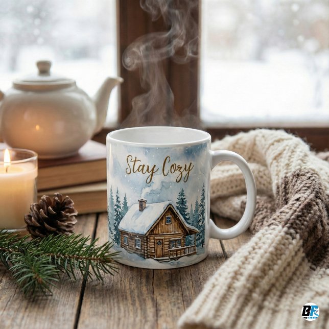 Mug Stay Cozy Winter Cabin Watercolor Snow Rustic (Stay Cozy )