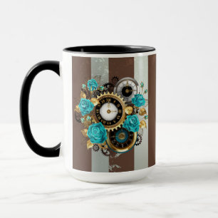Mug Steampunk Clock and Turquoise Roses on Striped