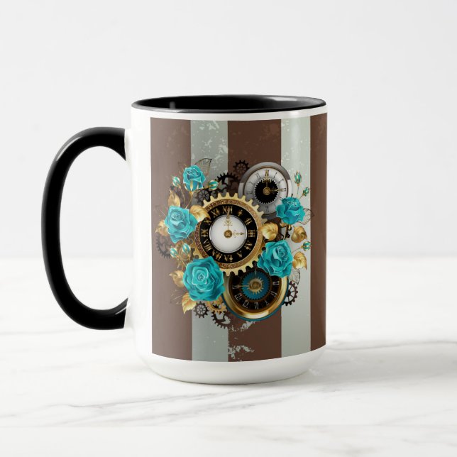 Mug Steampunk Clock and Turquoise Roses on Striped (Gauche)