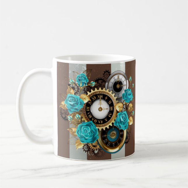 Mug Steampunk Clock and Turquoise Roses on Striped (Gauche)