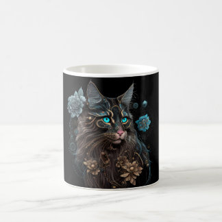 Mug Steampunk magique Maine Coon chat et fleurs IA art