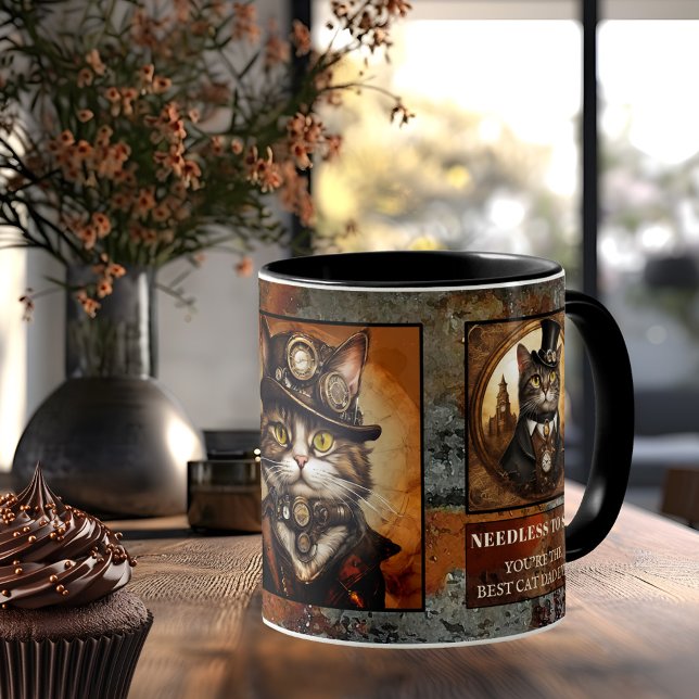 Mug Steampunk Meilleur Chat Papa Jamais (Mug featuring funny steampunk cats or photos of your own cats framed by a metallic grunge design)