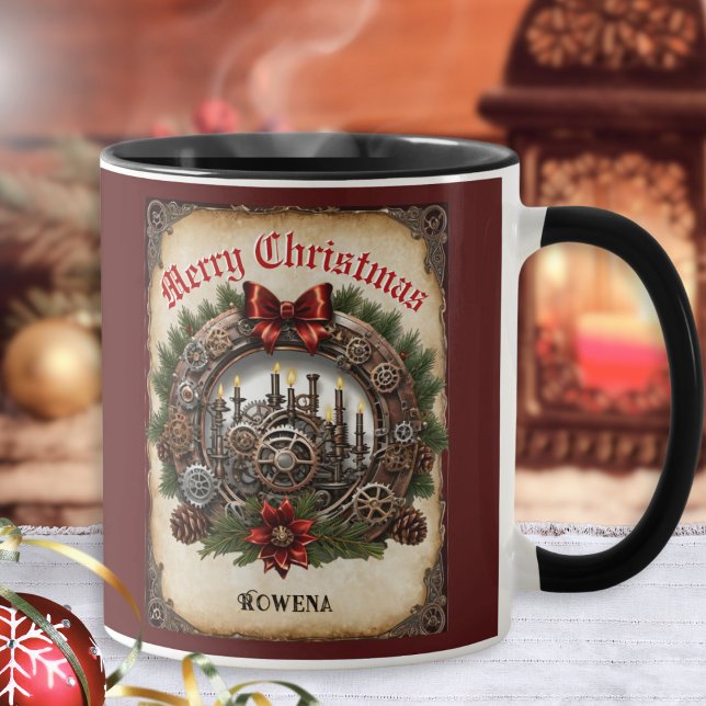 Mug Steampunk Wreath Cogs Joyeux Noël Personnalisé (A personalized Christmas mug in Steampunk style, combining cogs and gears with a traditional wreath)