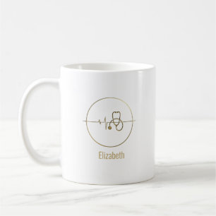 Mug Stéthoscope Médical Doré Battement de Coeur Nom Pe