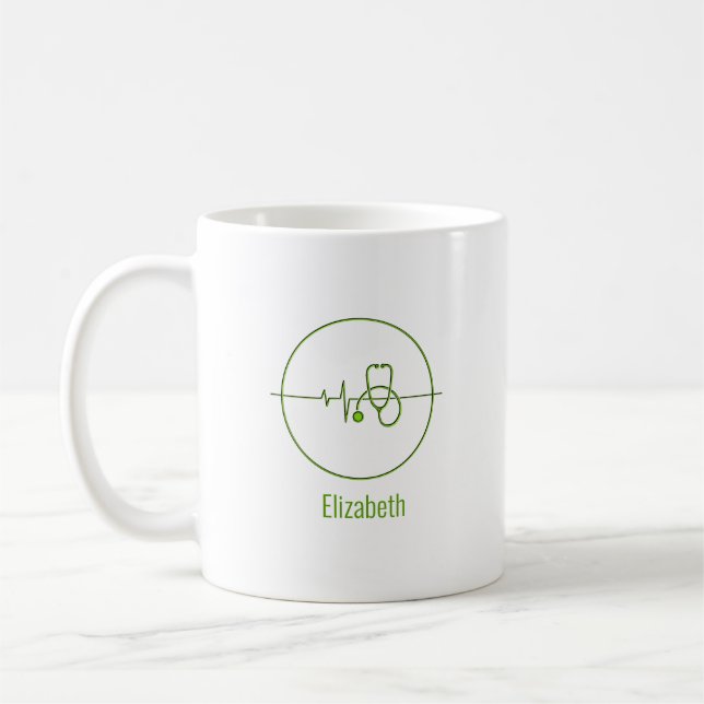 Mug Stéthoscope Médical Vert Rythme Cardiaque Nom Pers (Gauche)