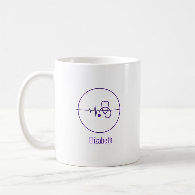 Mug Stéthoscope Médical Violet Rythme Cardiaque Nom Pe (Gauche)