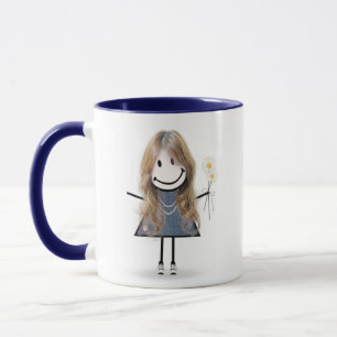 Mug Stick Figure Girl with Daisies and Quote