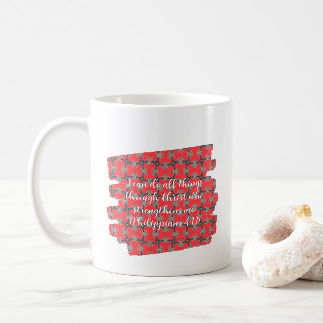 Mug Strength Scripture Red Floral Pattern (Avec donut)