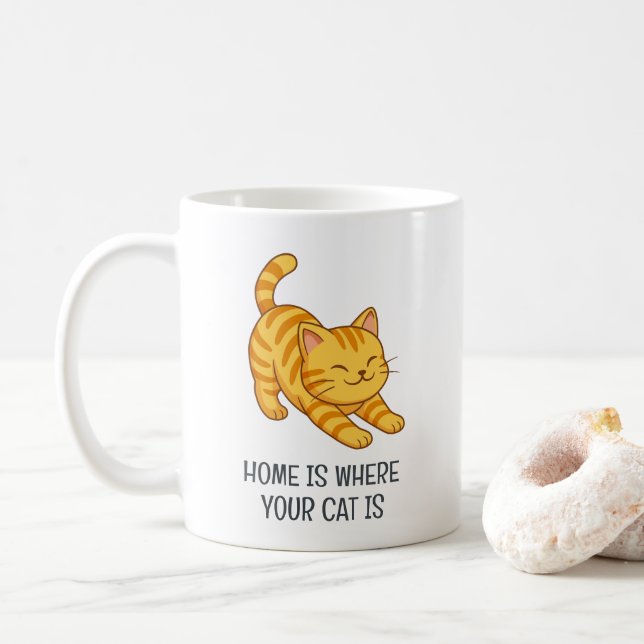 Mug Stretching Orange Tabby Cat Custom Text (Avec donut)