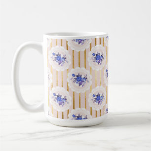 MUG STRIPES D'OR ET FLEURS DE COULEUR D'EAU BLEUE PETI