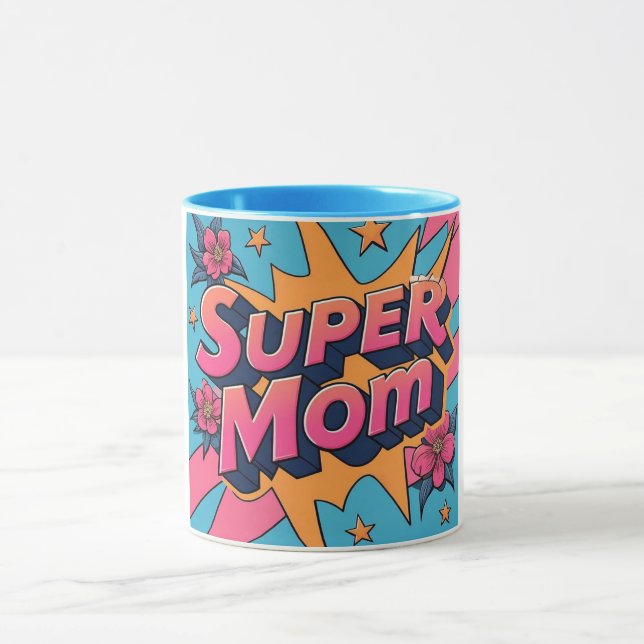 Mug Style bande dessinée Super Maman Fleurs Étoiles Fê (Centre)