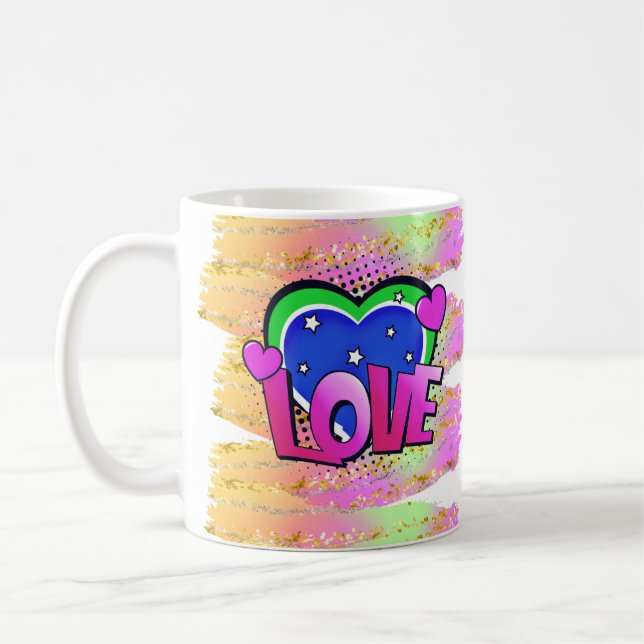 Mug Style BD Pop Art Retro Mauve Green LOVE Rainbow (Gauche)
