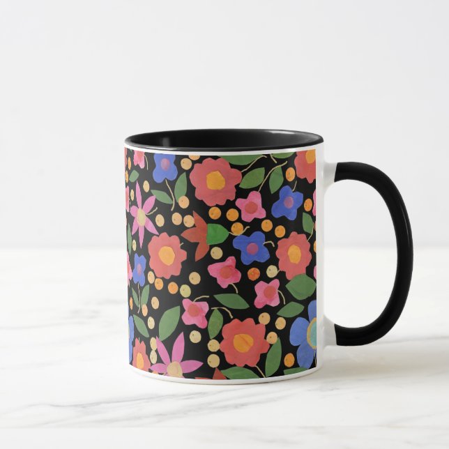 Mug Style d'art populaire Floral sur Black Ringer Coff (Droite)