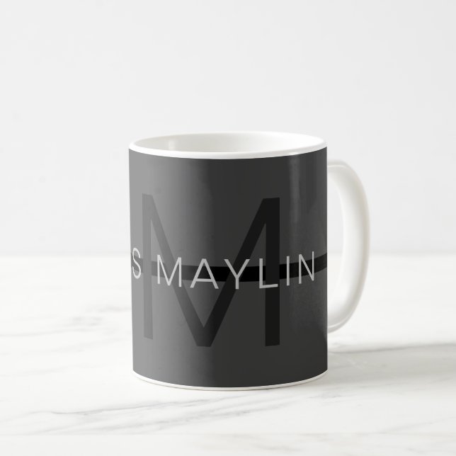 Mug Stylé Masculin Gris Foncé Nom & Monogramme  (Devant droit)