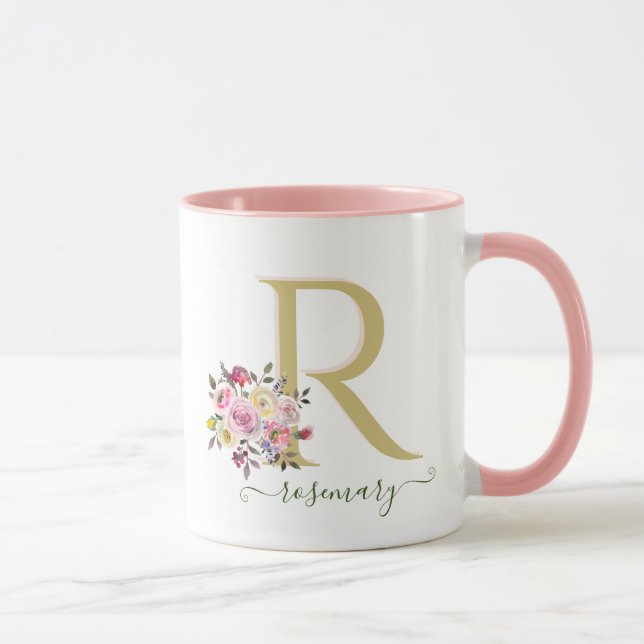 Mug Stylish Floral Gold Rose Votre nom de monogramme   (Droite)