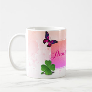 Mug Stylish moderne, Pink Buterfly, Green Clover